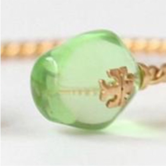 Tory Burch Gold and Green Twisted shell logo small open cuff Bracelet - Picture 7 of 10